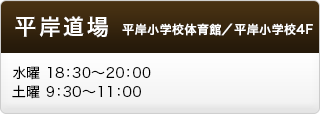 平岸教室　平岸小学校体育館/平岸小学校4F　水曜　18:30〜20:00　土曜　9:30〜11:00