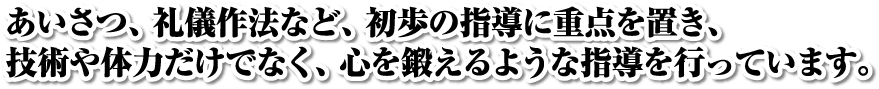 あいさつ、礼儀作法など、初歩の指導に重点を置き、技術や体力だけでなく、心を鍛えるような指導を行っています。